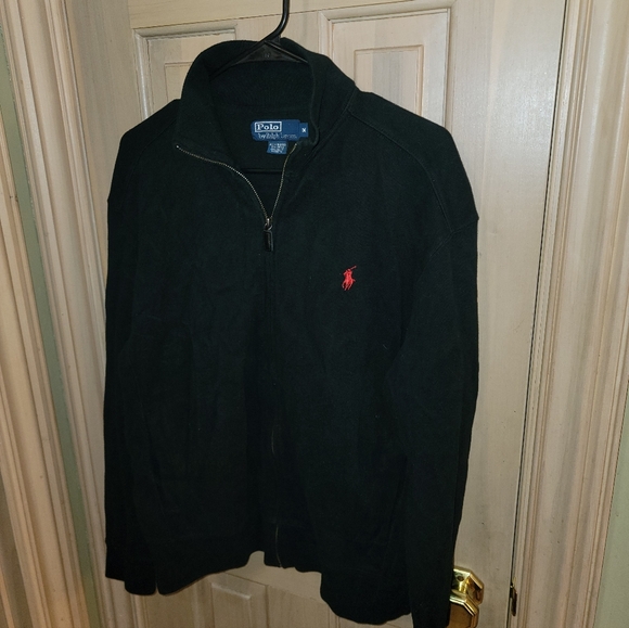 Mens Sz M Ralph Lauren Polo Black Zip Up Sweatshirt Jacket Red Polo Logo Classic